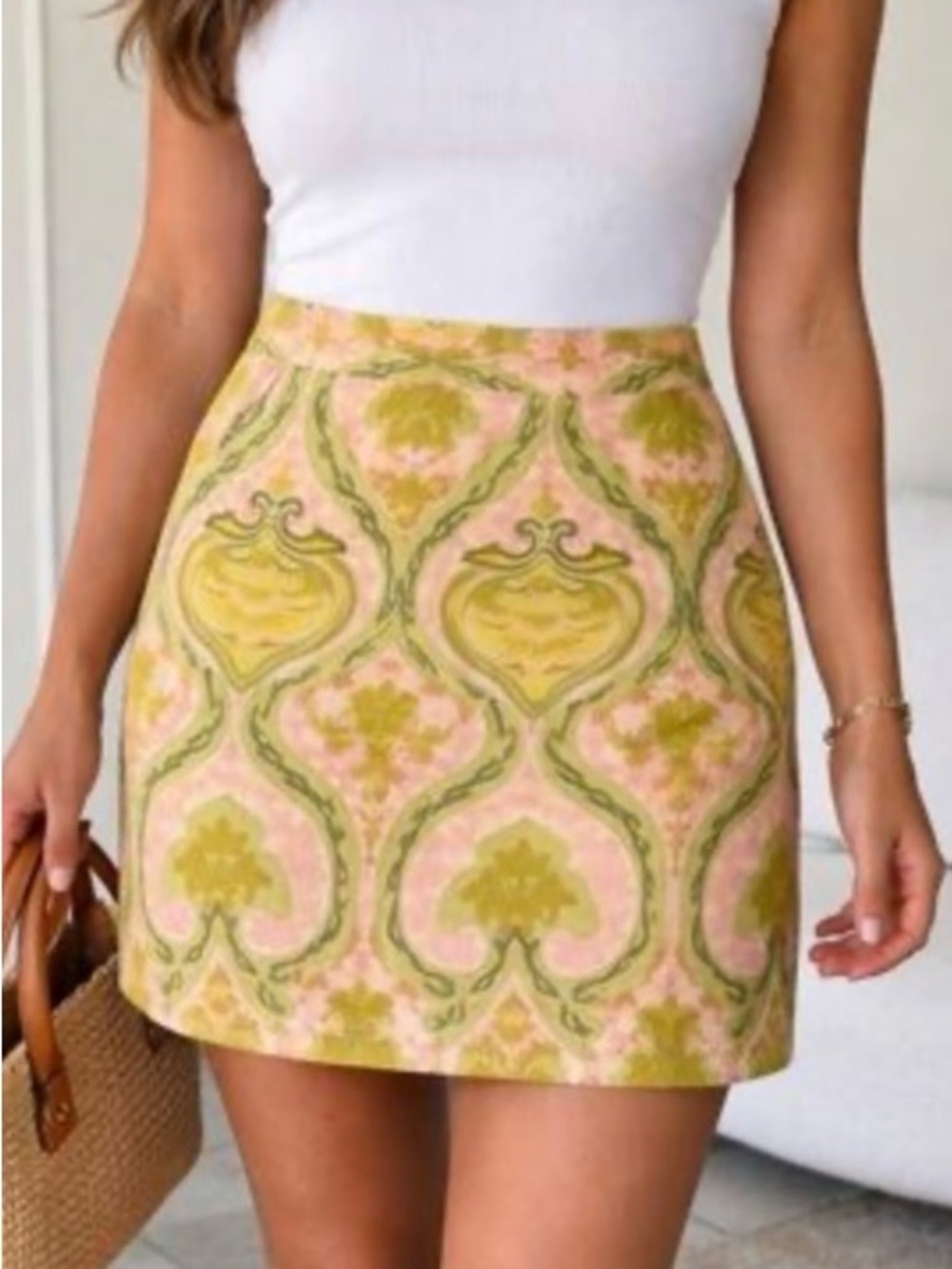 J Crew Womens Size 2 Fresco Damask Printed Cotton Pink Green Mini Denim Skirt